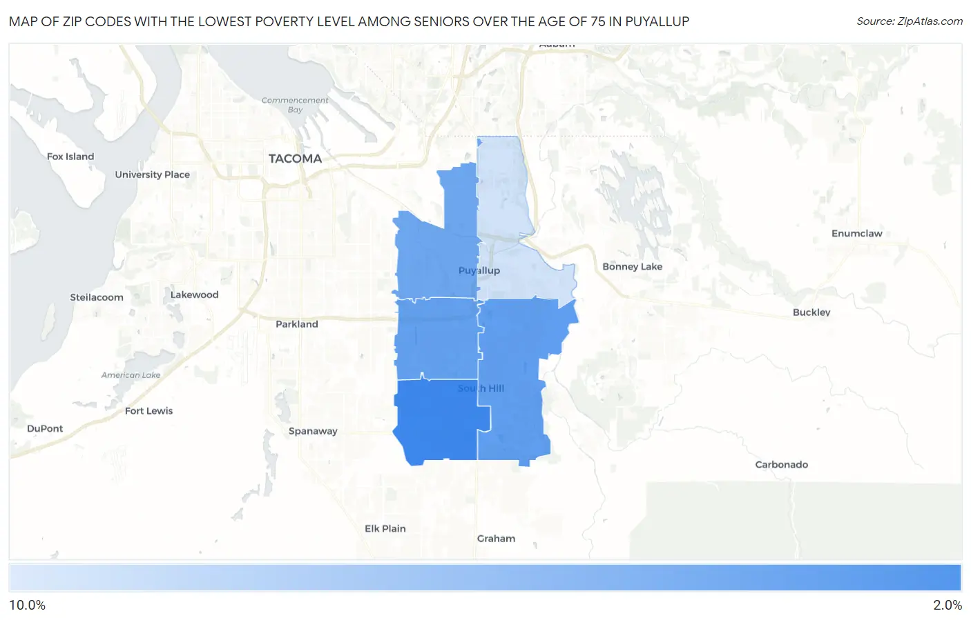 Zip Codes with the Lowest Poverty Level Among Seniors Over the Age of 75 in Puyallup Map