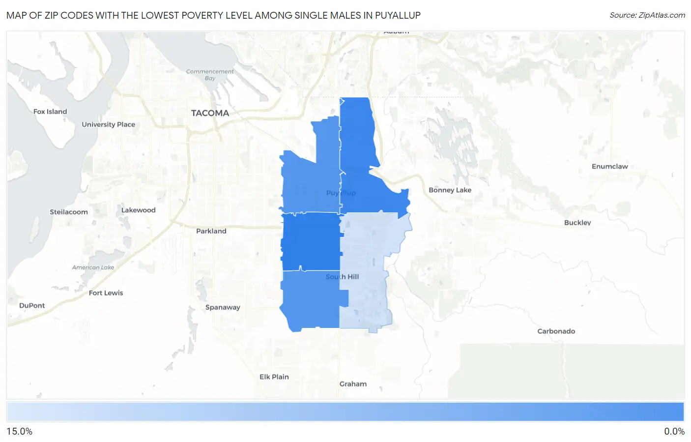 Zip Codes with the Lowest Poverty Level Among Single Males in Puyallup Map
