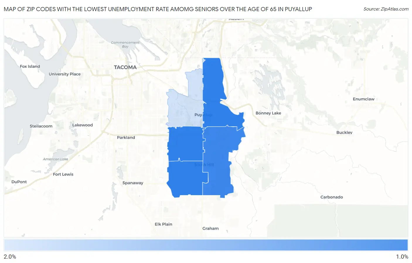 Zip Codes with the Lowest Unemployment Rate Amomg Seniors Over the Age of 65 in Puyallup Map
