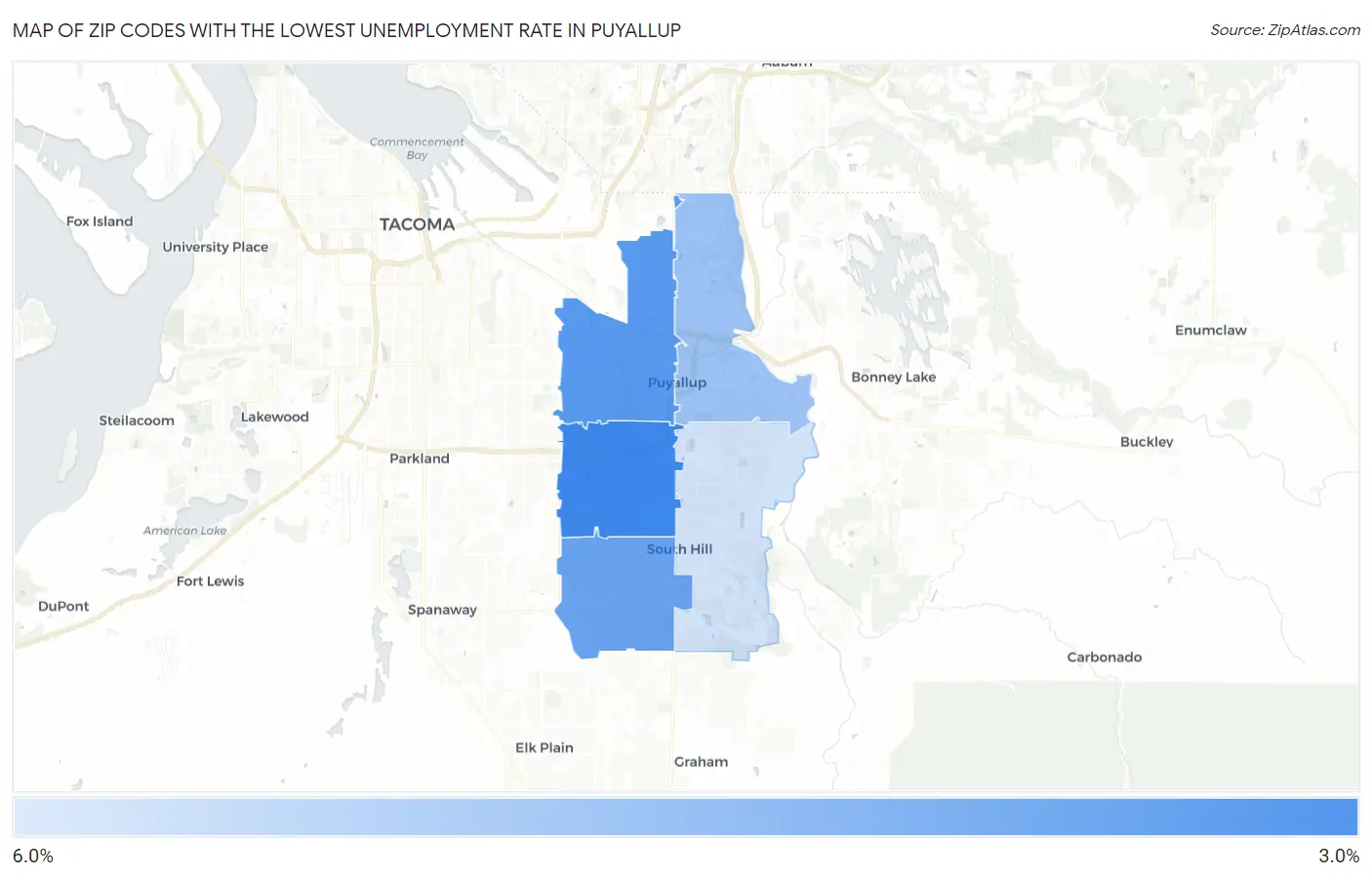 Zip Codes with the Lowest Unemployment Rate in Puyallup Map