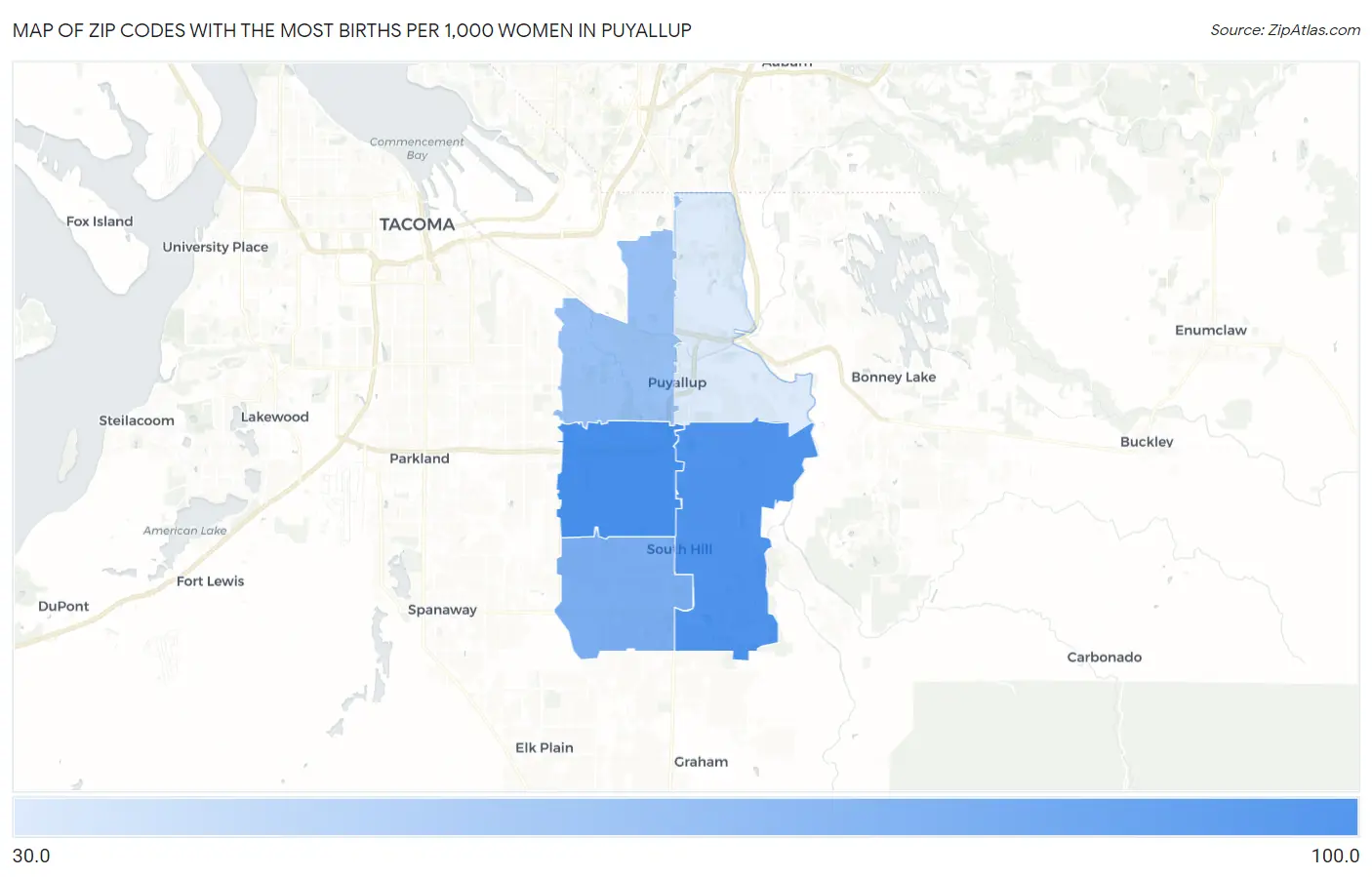 Zip Codes with the Most Births per 1,000 Women in Puyallup Map