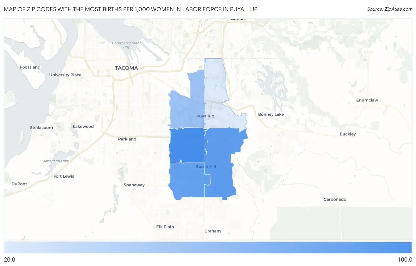 Zip Codes with the Most Births per 1,000 Women in Labor Force in Puyallup Map