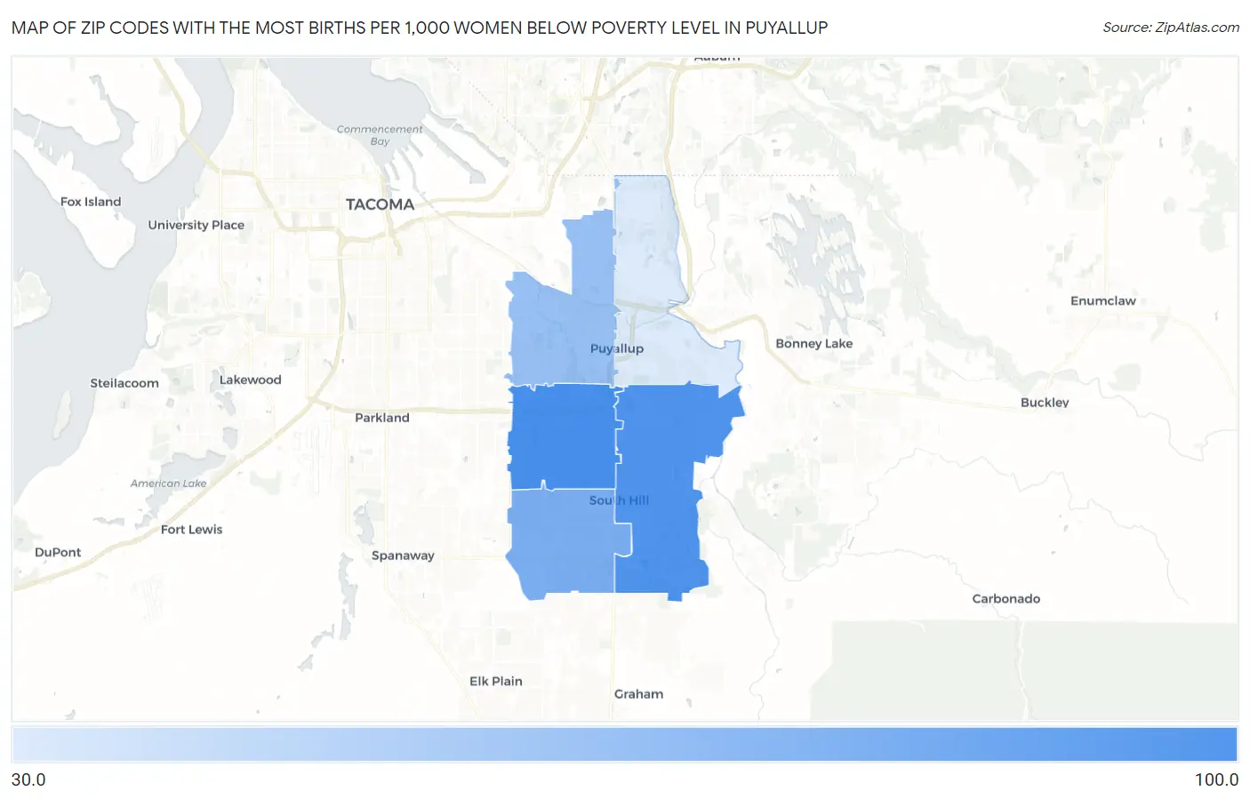 Zip Codes with the Most Births per 1,000 Women Below Poverty Level in Puyallup Map
