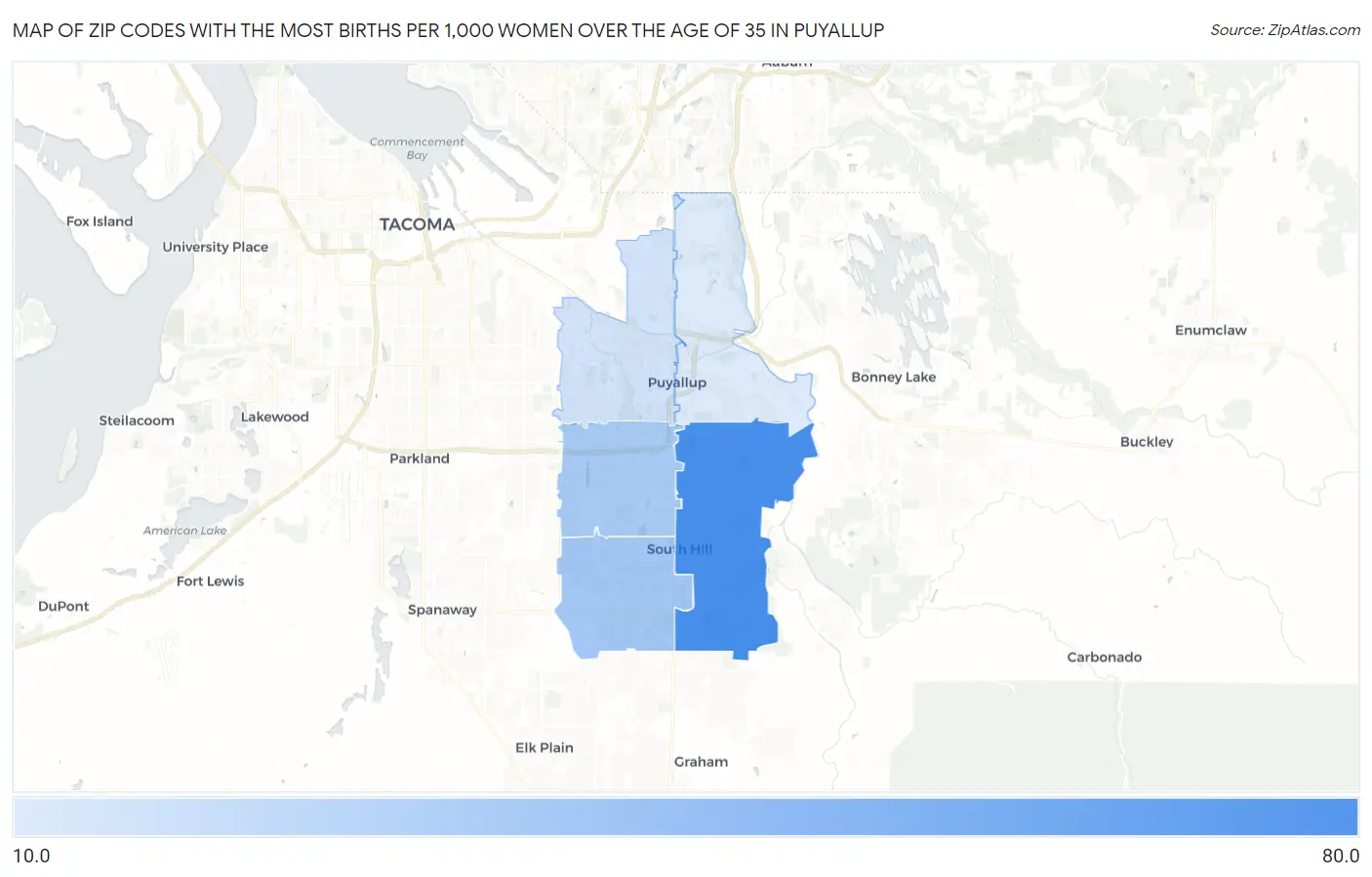 Zip Codes with the Most Births per 1,000 Women Over the Age of 35 in Puyallup Map