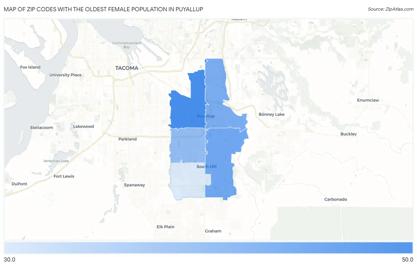Zip Codes with the Oldest Female Population in Puyallup Map