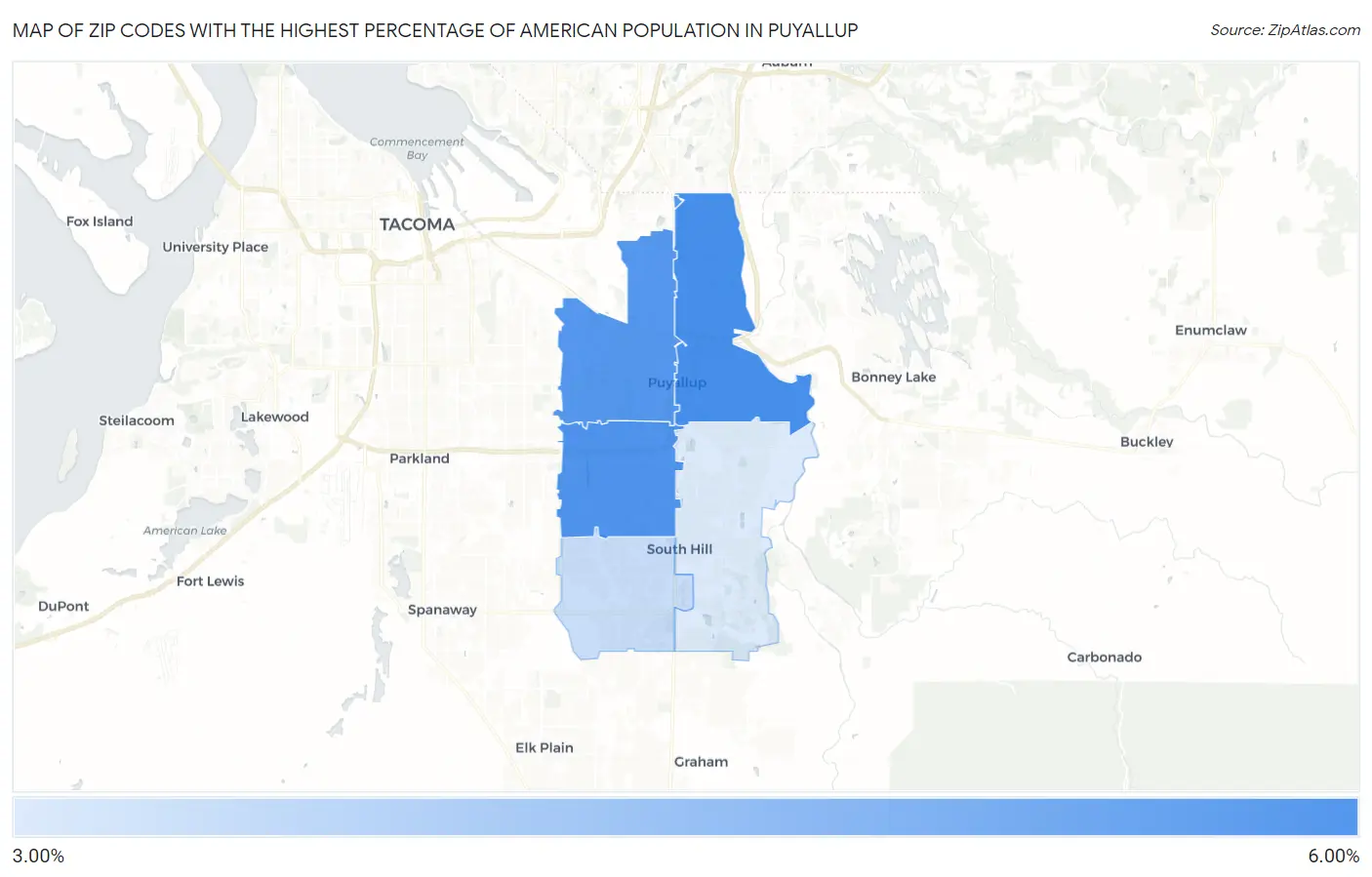 Zip Codes with the Highest Percentage of American Population in Puyallup Map
