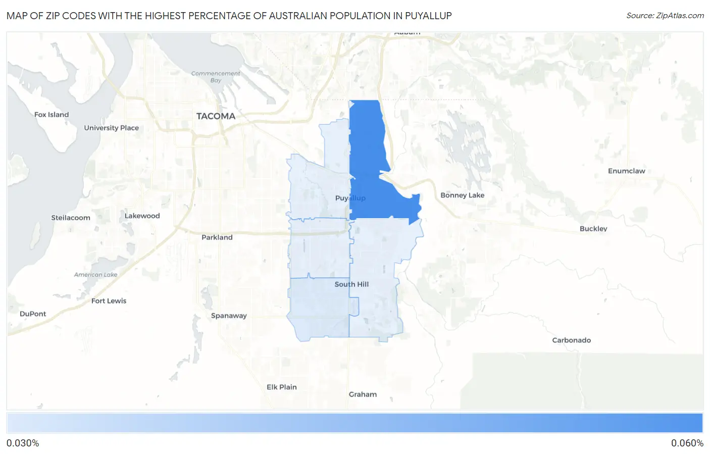 Zip Codes with the Highest Percentage of Australian Population in Puyallup Map