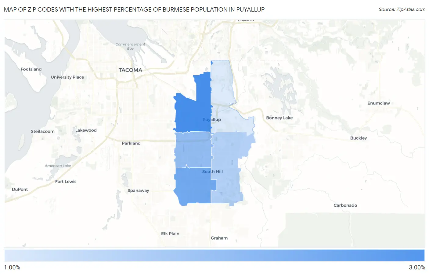 Zip Codes with the Highest Percentage of Burmese Population in Puyallup Map