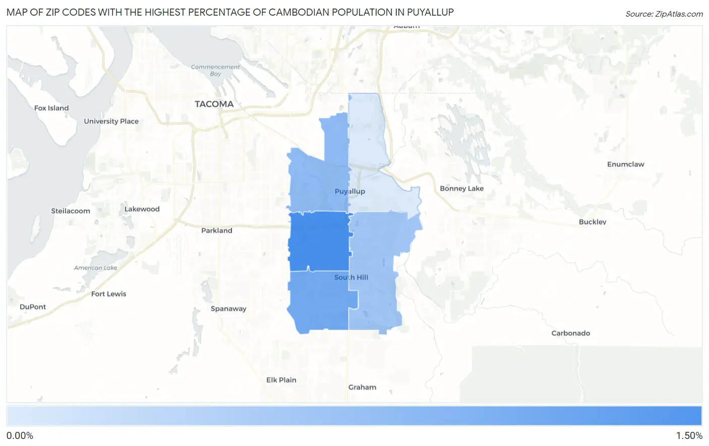 Zip Codes with the Highest Percentage of Cambodian Population in Puyallup Map