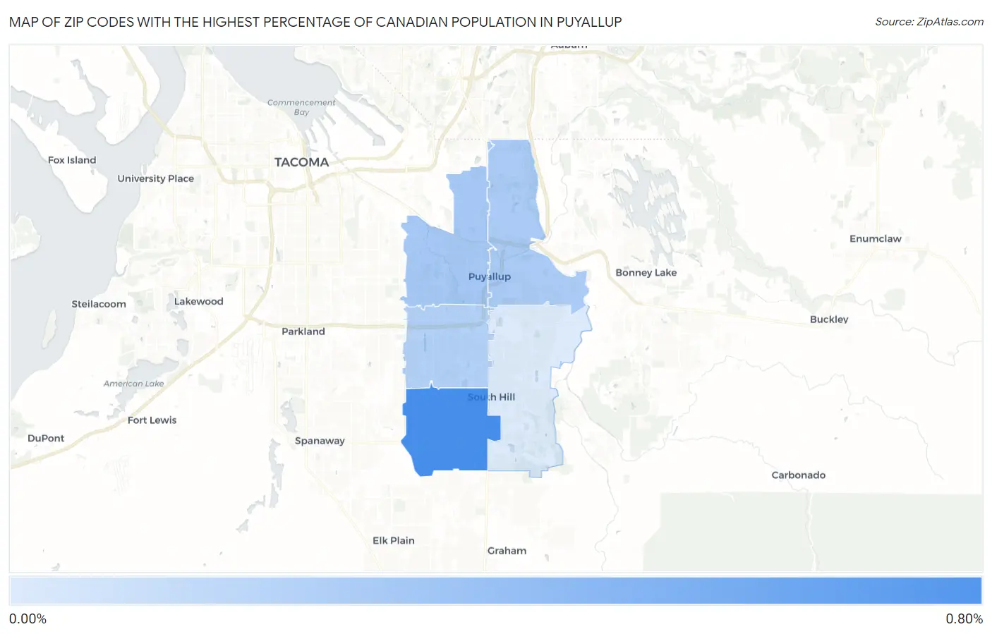 Zip Codes with the Highest Percentage of Canadian Population in Puyallup Map