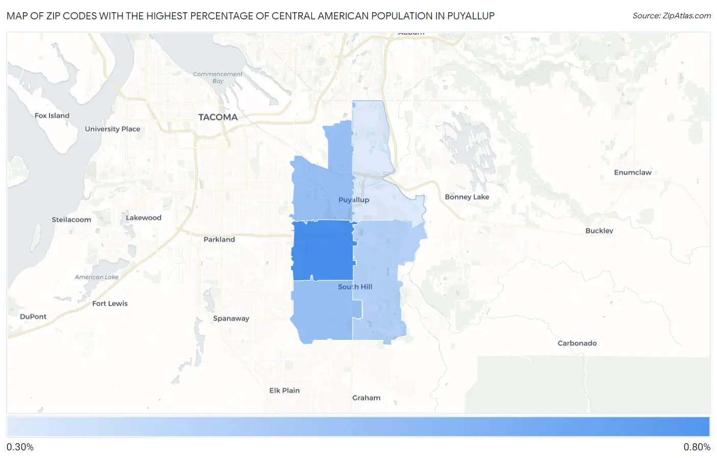 Zip Codes with the Highest Percentage of Central American Population in Puyallup Map