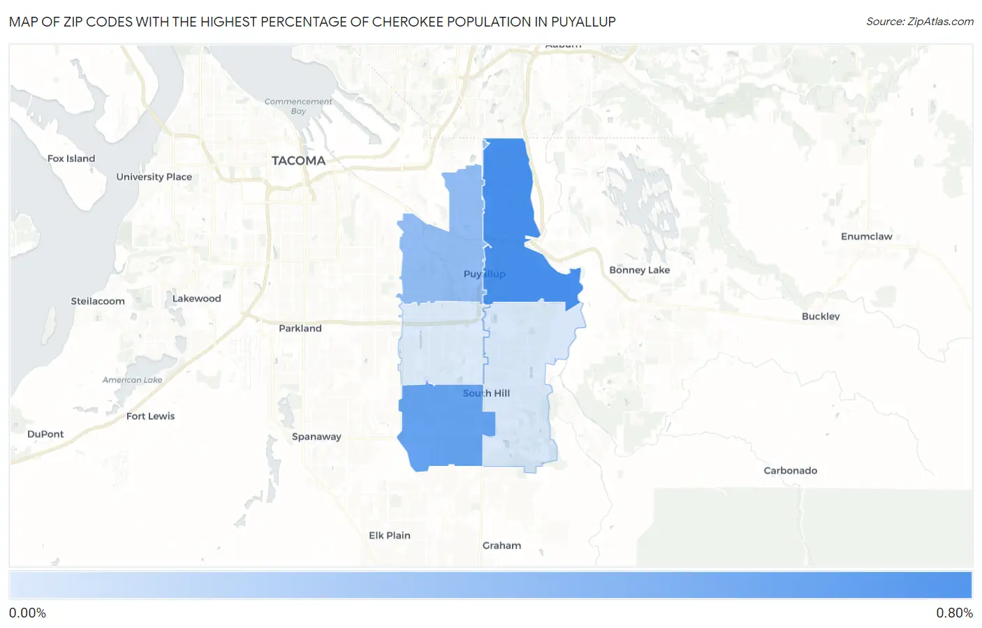 Zip Codes with the Highest Percentage of Cherokee Population in Puyallup Map