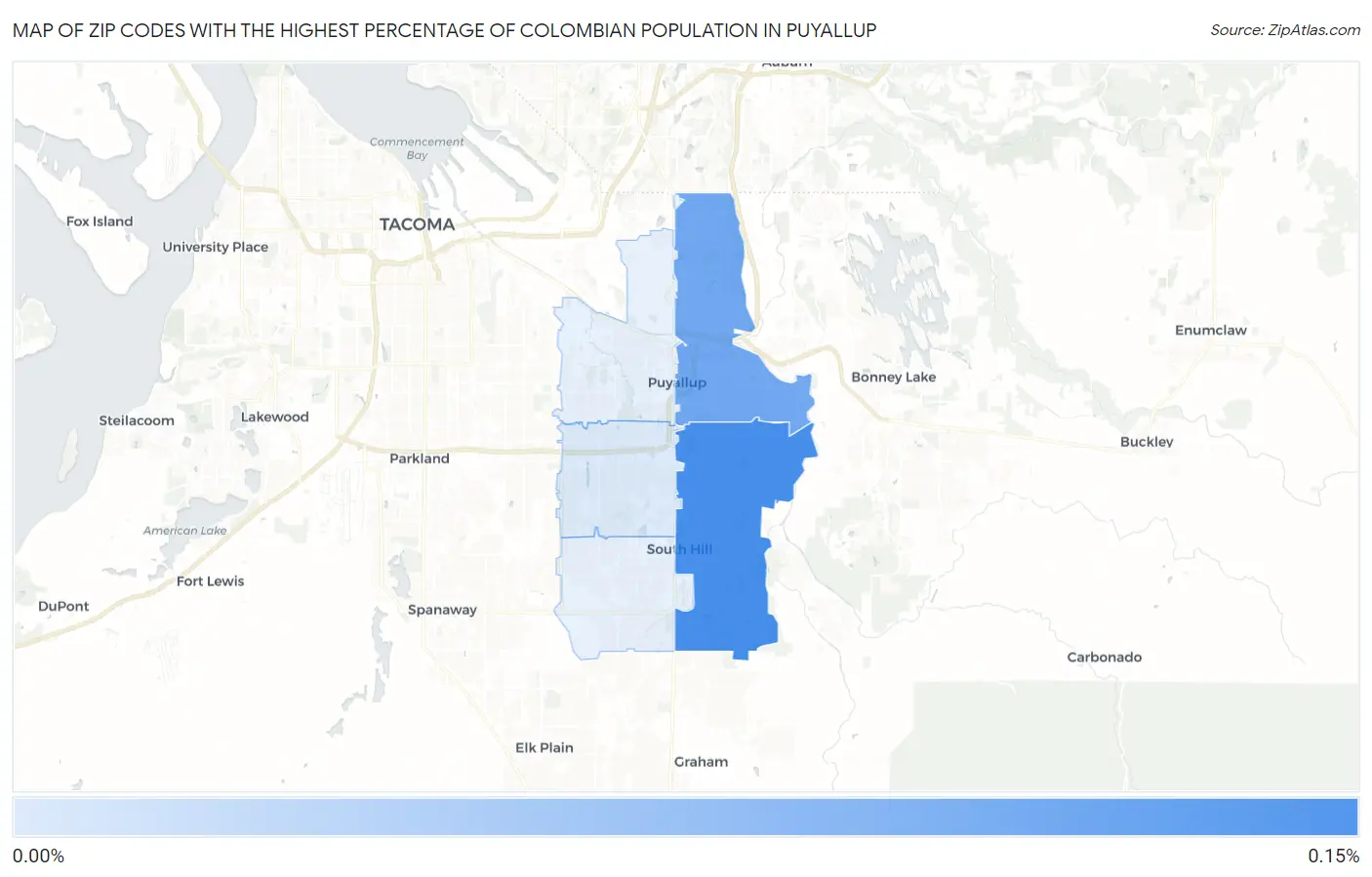 Zip Codes with the Highest Percentage of Colombian Population in Puyallup Map