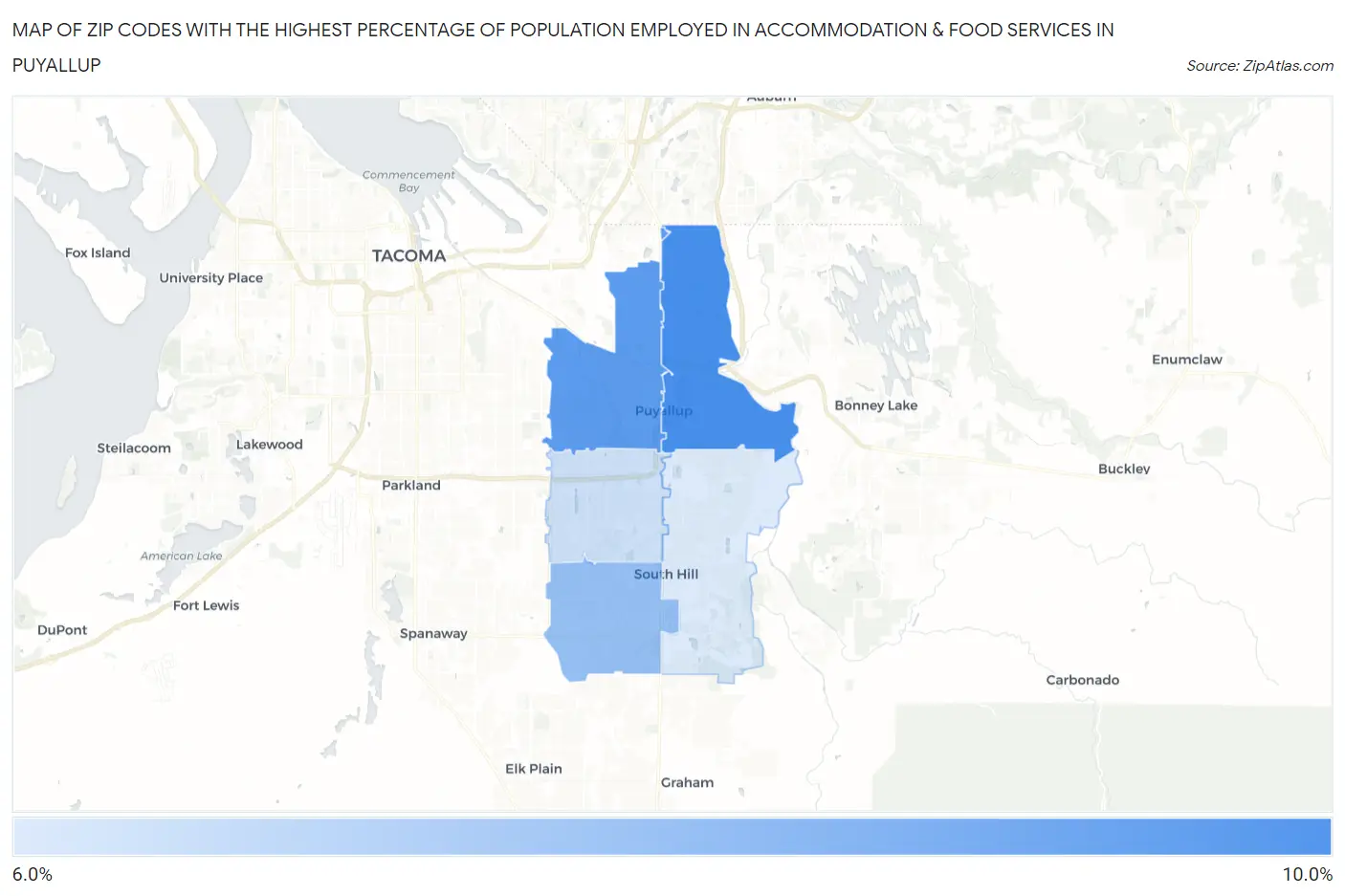 Zip Codes with the Highest Percentage of Population Employed in Accommodation & Food Services in Puyallup Map