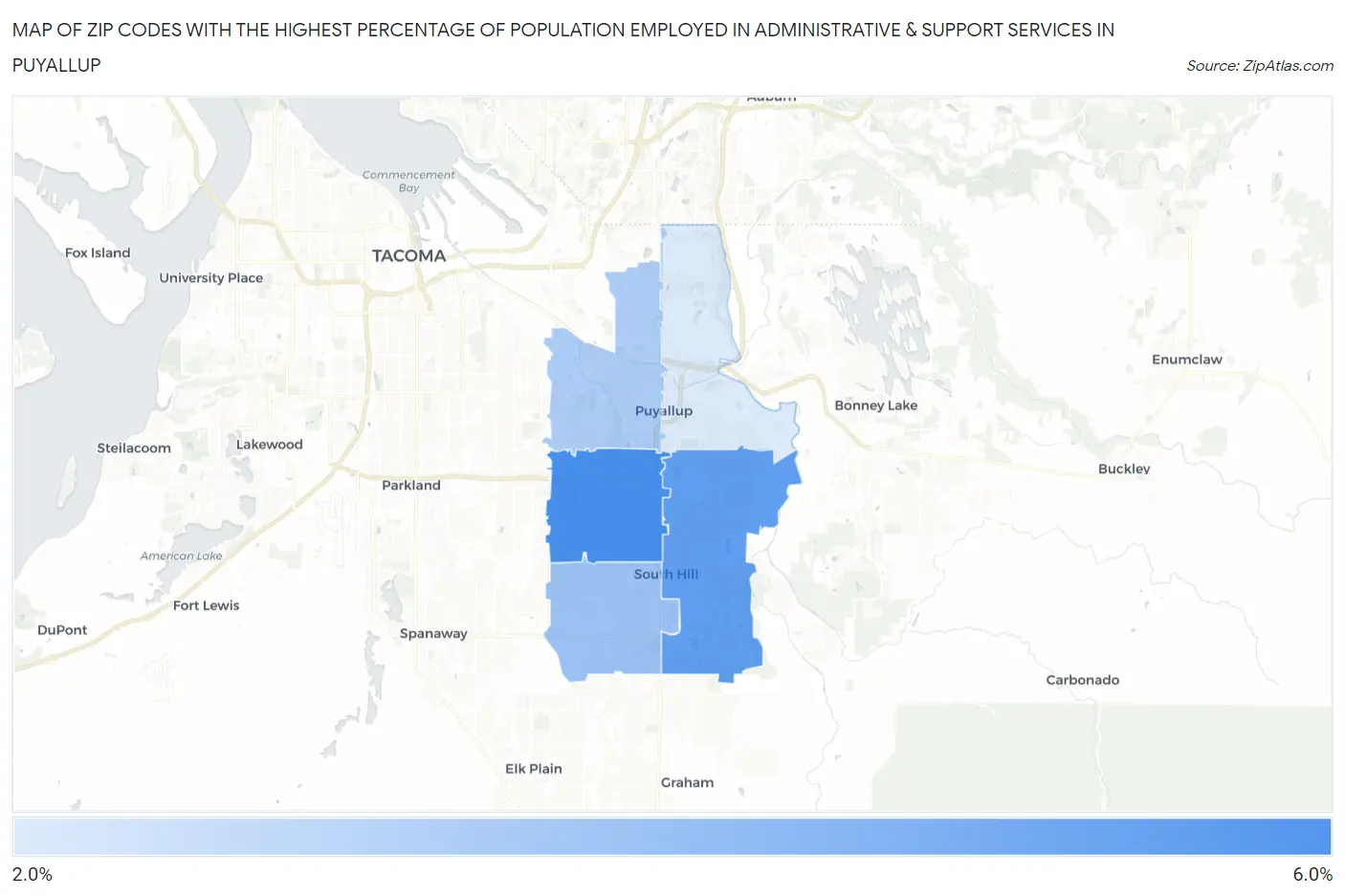 Zip Codes with the Highest Percentage of Population Employed in Administrative & Support Services in Puyallup Map
