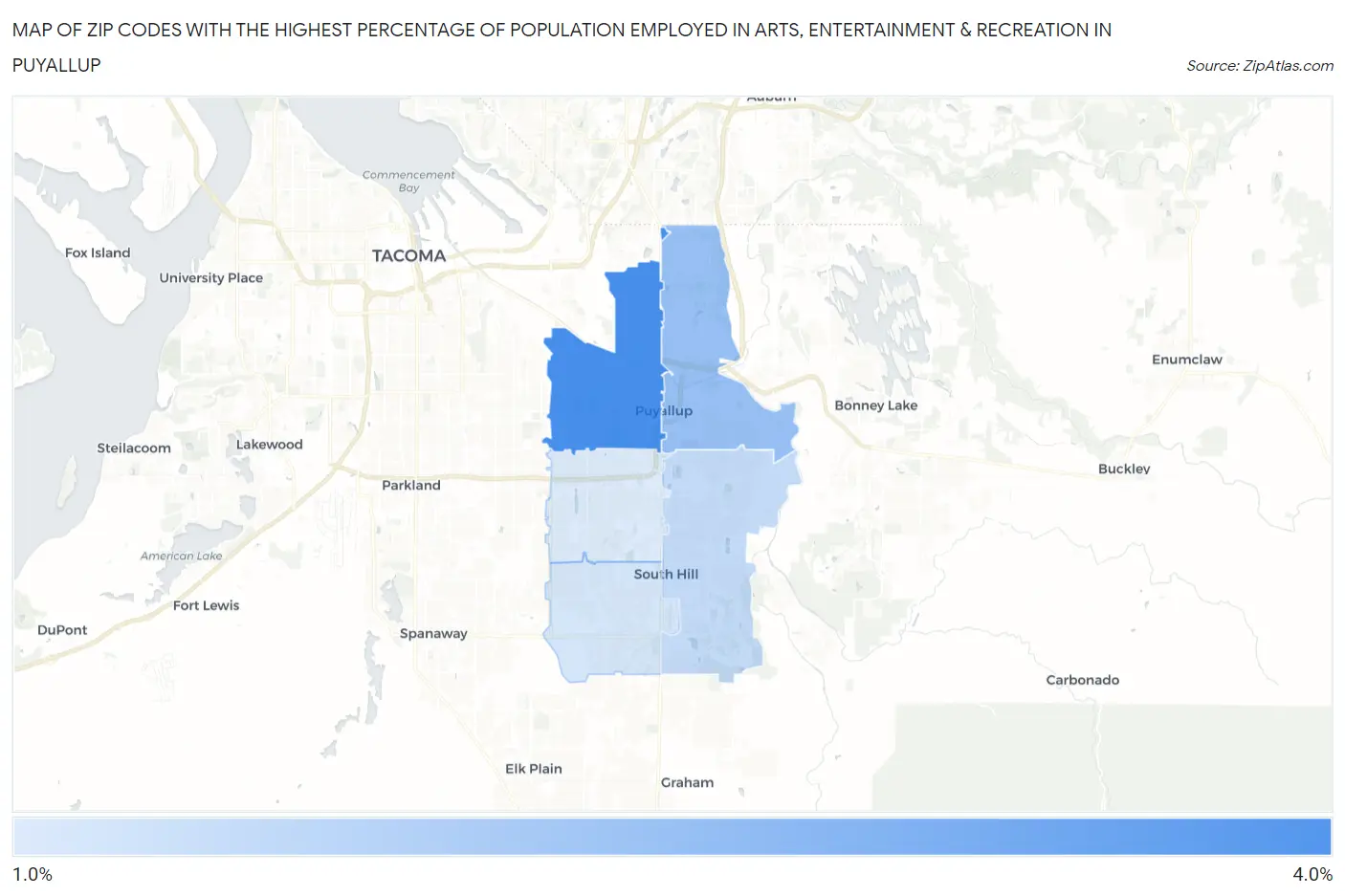 Zip Codes with the Highest Percentage of Population Employed in Arts, Entertainment & Recreation in Puyallup Map