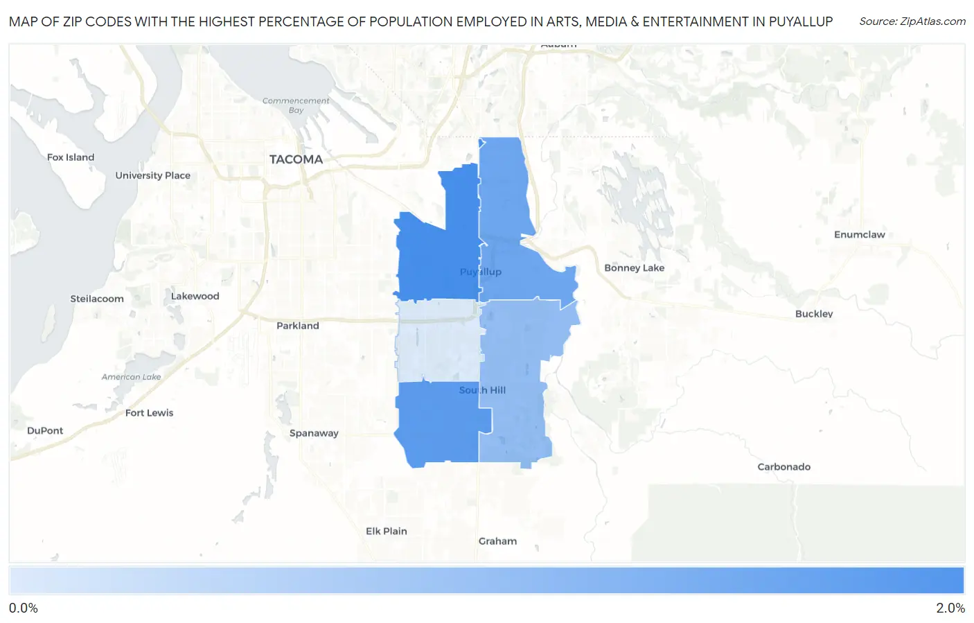 Zip Codes with the Highest Percentage of Population Employed in Arts, Media & Entertainment in Puyallup Map