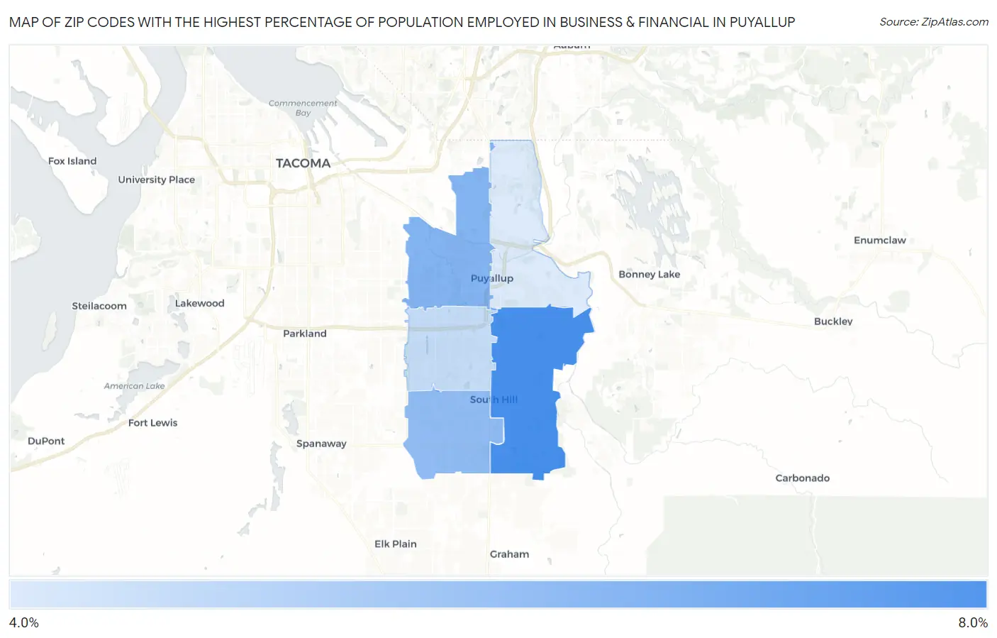 Zip Codes with the Highest Percentage of Population Employed in Business & Financial in Puyallup Map