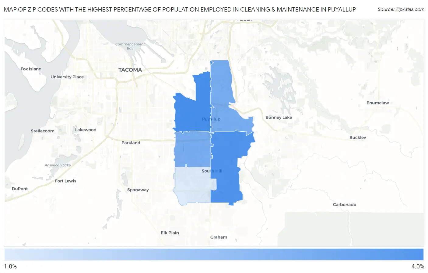 Zip Codes with the Highest Percentage of Population Employed in Cleaning & Maintenance in Puyallup Map
