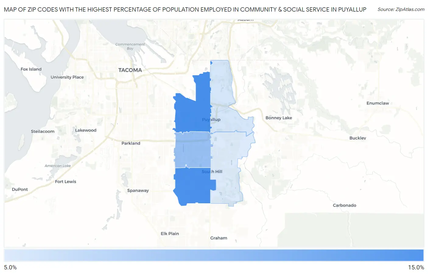 Zip Codes with the Highest Percentage of Population Employed in Community & Social Service  in Puyallup Map