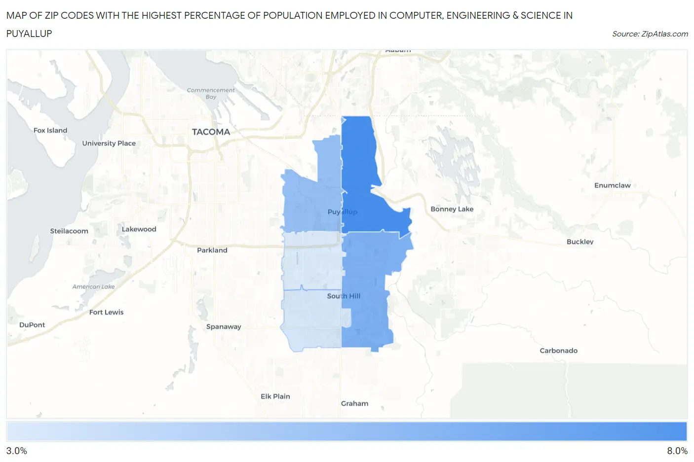 Zip Codes with the Highest Percentage of Population Employed in Computer, Engineering & Science in Puyallup Map