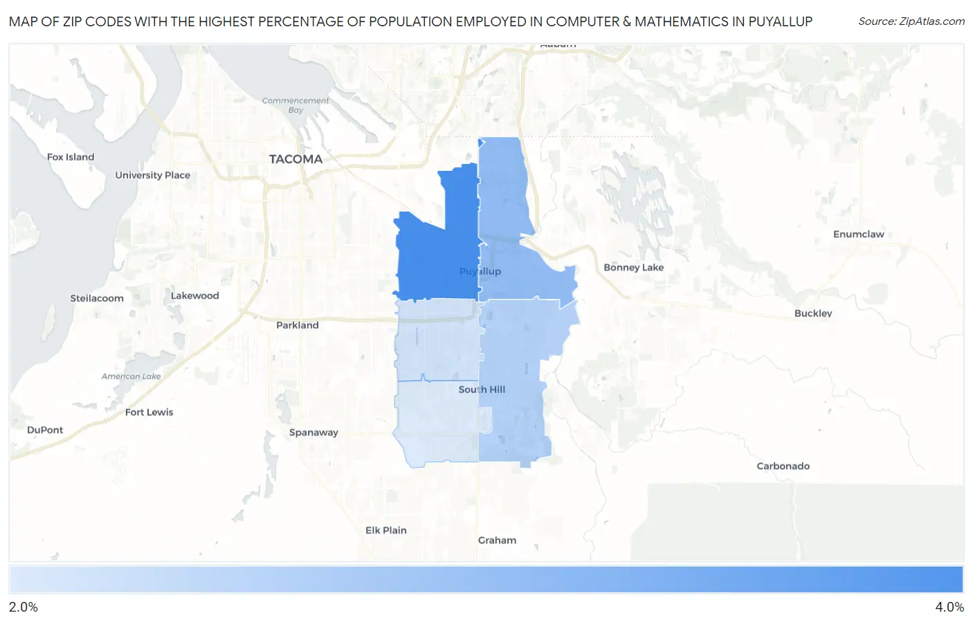 Zip Codes with the Highest Percentage of Population Employed in Computer & Mathematics in Puyallup Map