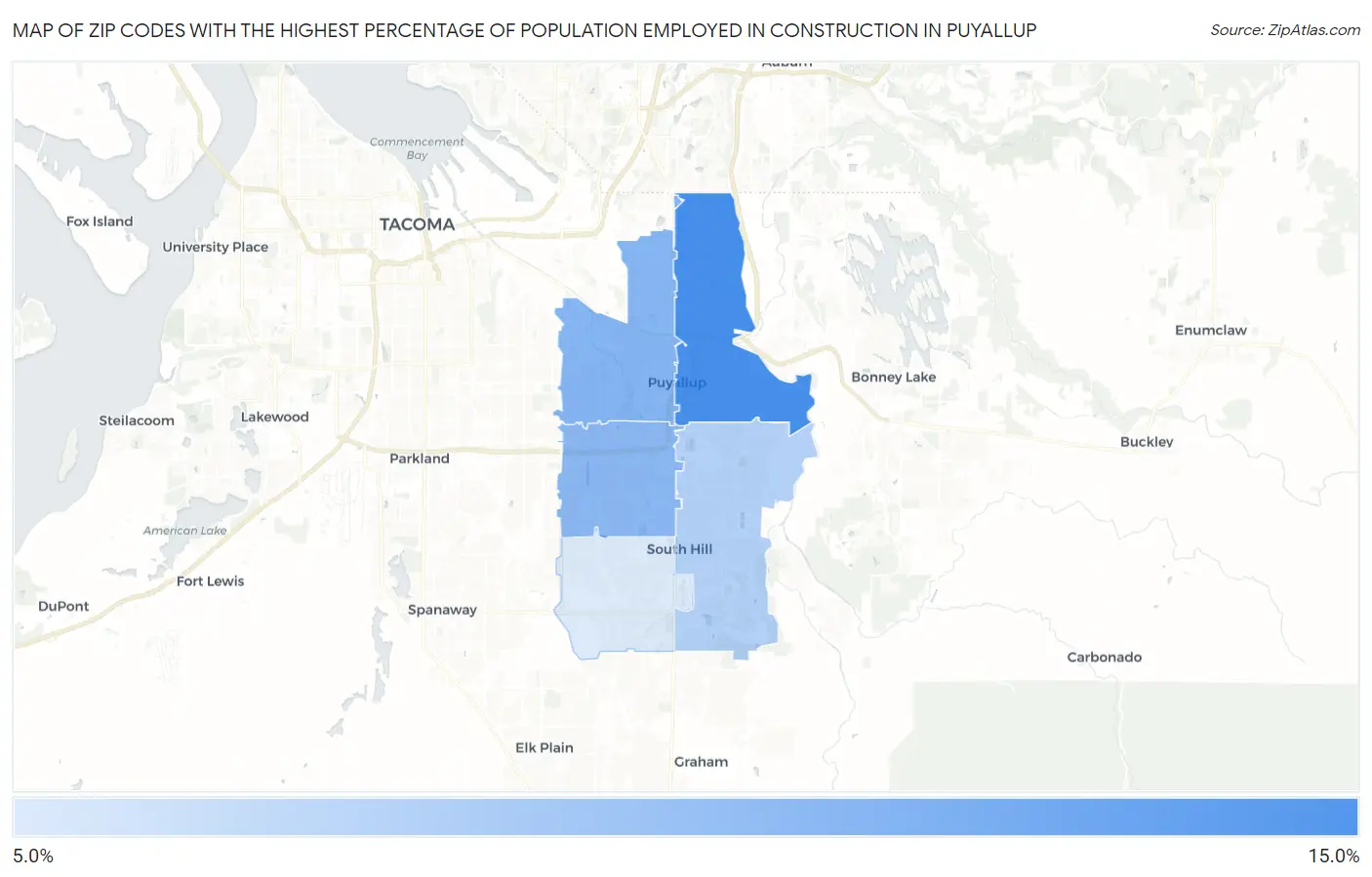 Zip Codes with the Highest Percentage of Population Employed in Construction in Puyallup Map