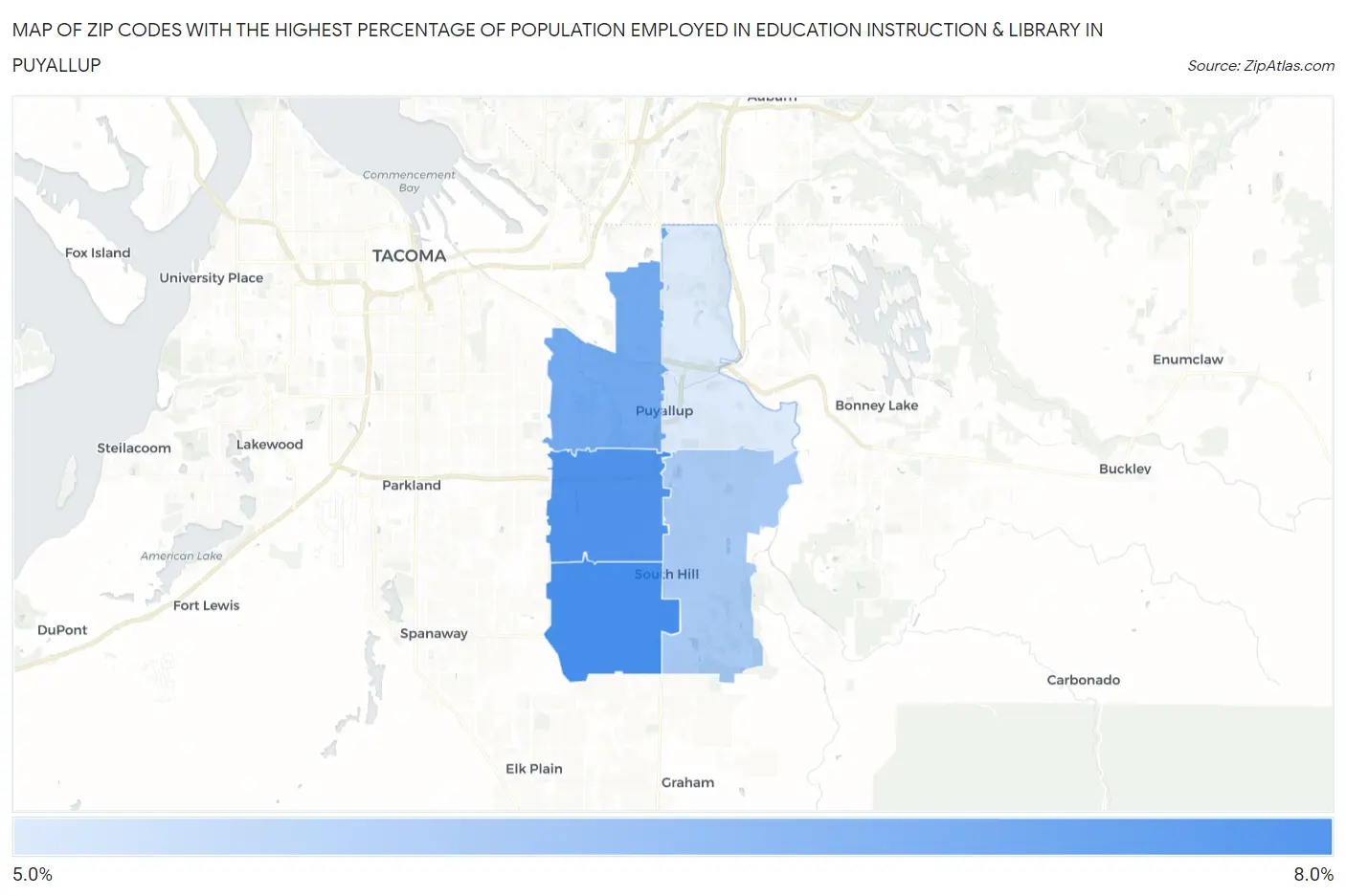 Zip Codes with the Highest Percentage of Population Employed in Education Instruction & Library in Puyallup Map