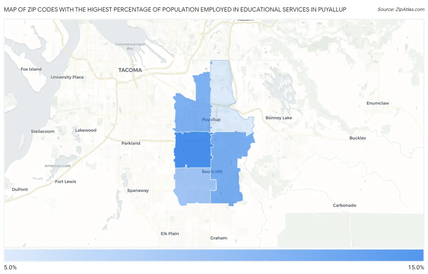Zip Codes with the Highest Percentage of Population Employed in Educational Services in Puyallup Map