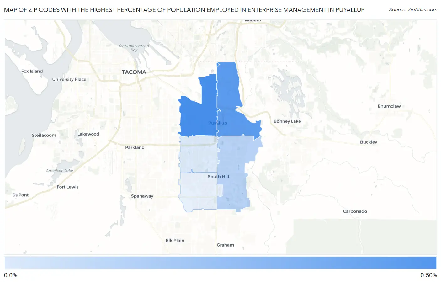 Zip Codes with the Highest Percentage of Population Employed in Enterprise Management in Puyallup Map