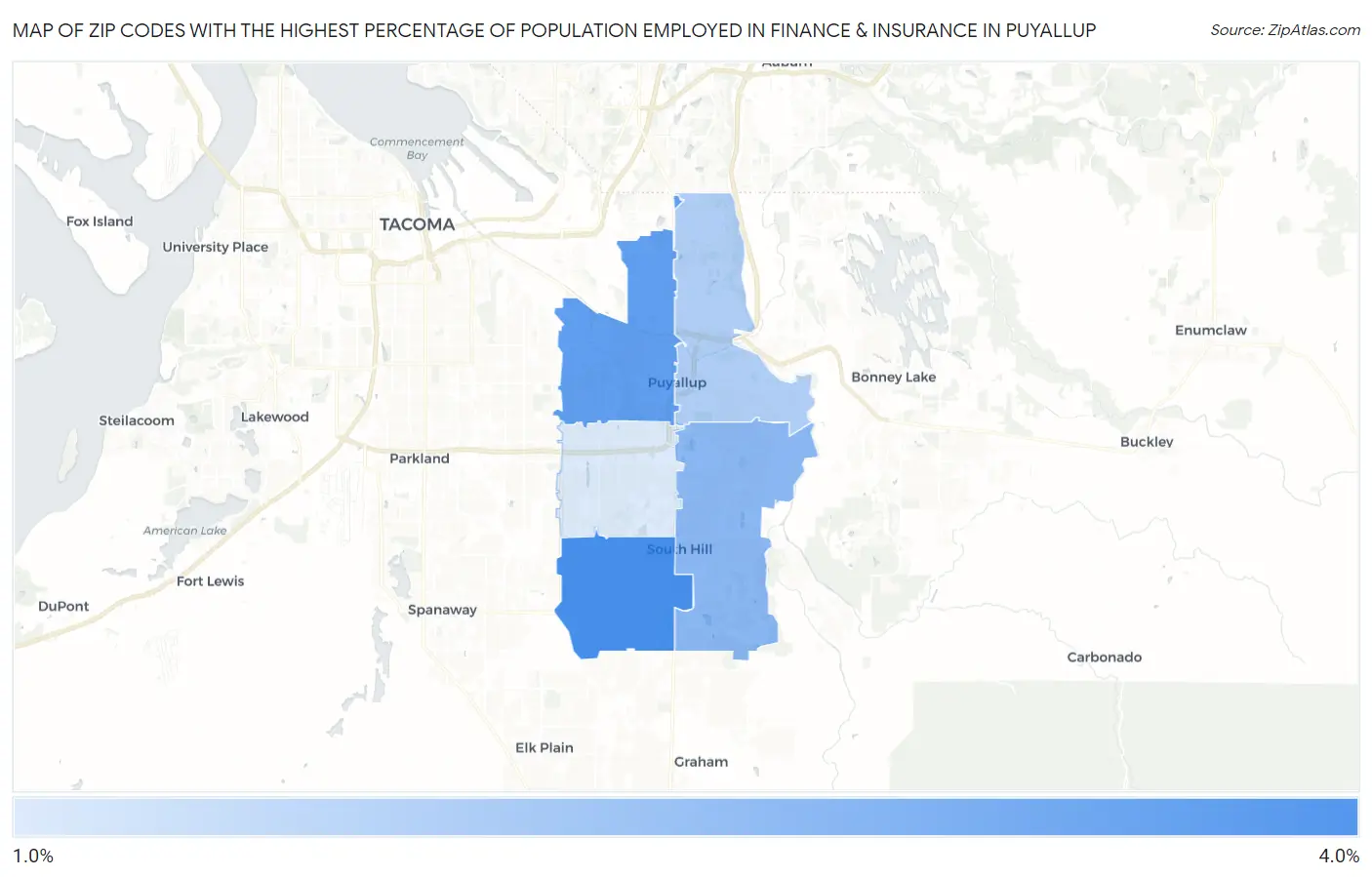 Zip Codes with the Highest Percentage of Population Employed in Finance & Insurance in Puyallup Map