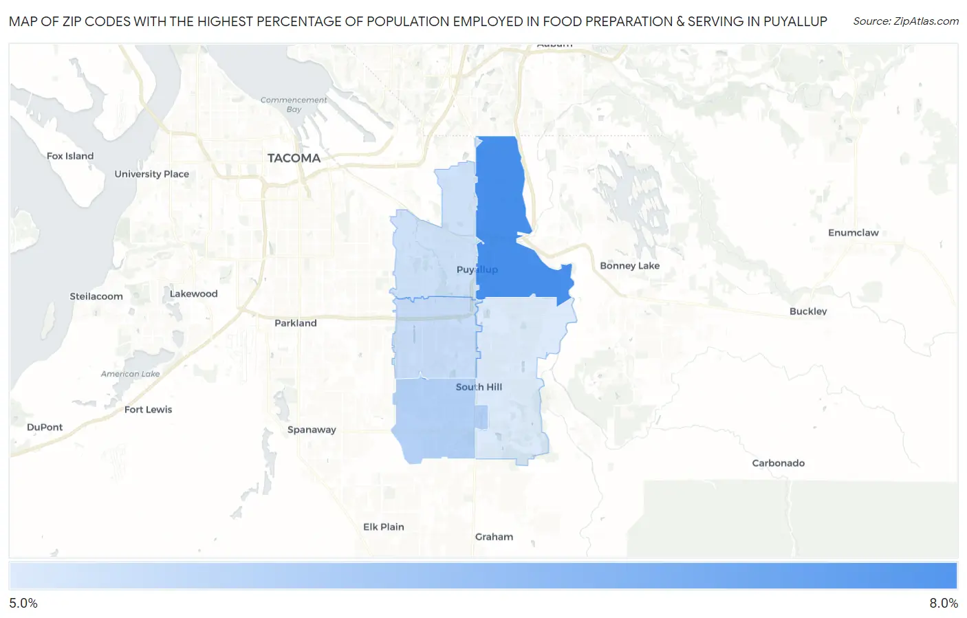 Zip Codes with the Highest Percentage of Population Employed in Food Preparation & Serving in Puyallup Map