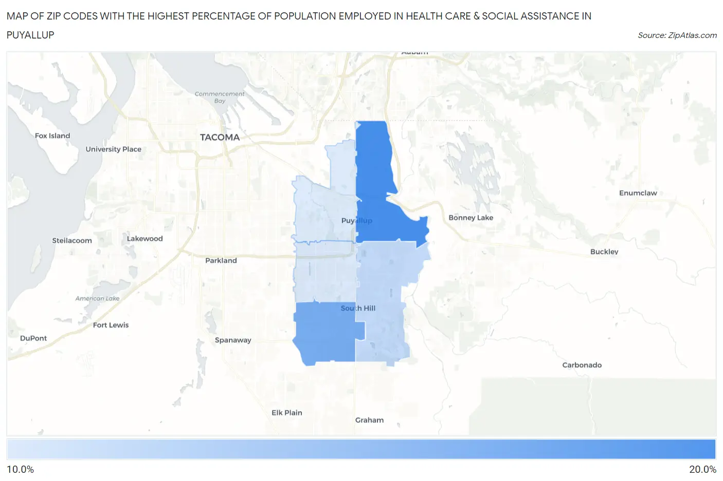 Zip Codes with the Highest Percentage of Population Employed in Health Care & Social Assistance in Puyallup Map