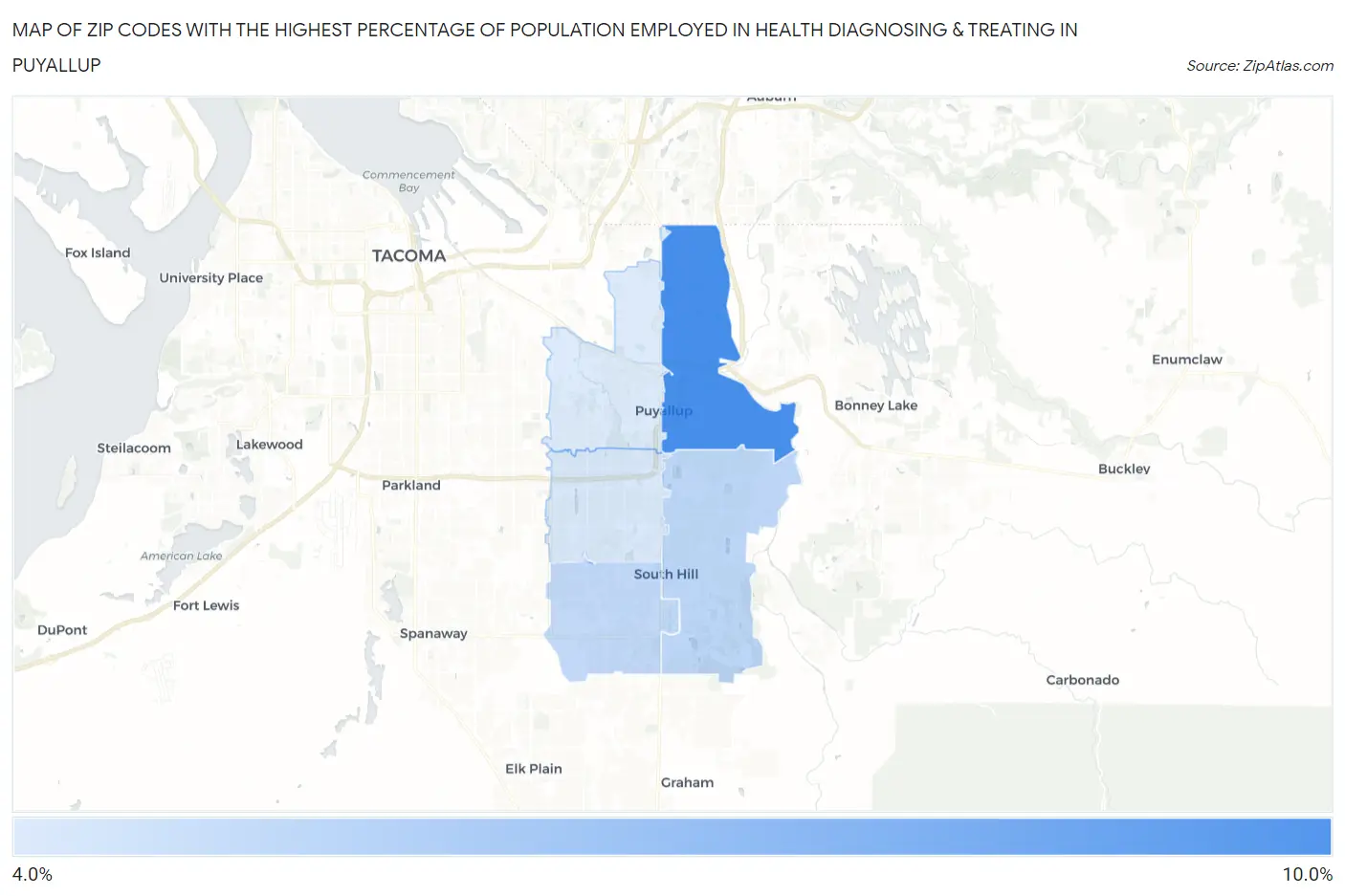 Zip Codes with the Highest Percentage of Population Employed in Health Diagnosing & Treating in Puyallup Map