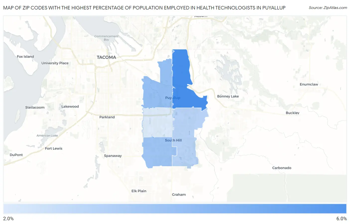 Zip Codes with the Highest Percentage of Population Employed in Health Technologists in Puyallup Map