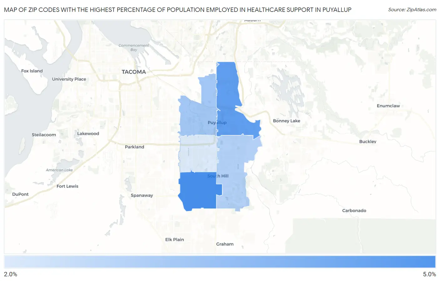 Zip Codes with the Highest Percentage of Population Employed in Healthcare Support in Puyallup Map