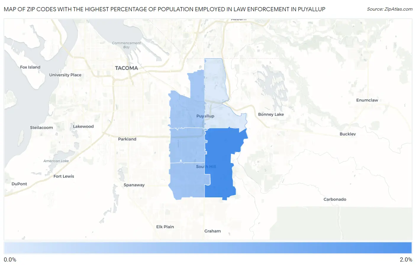 Zip Codes with the Highest Percentage of Population Employed in Law Enforcement in Puyallup Map