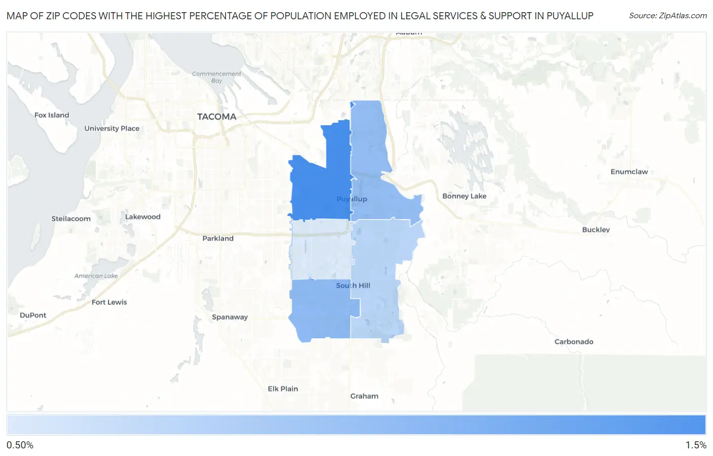 Zip Codes with the Highest Percentage of Population Employed in Legal Services & Support in Puyallup Map