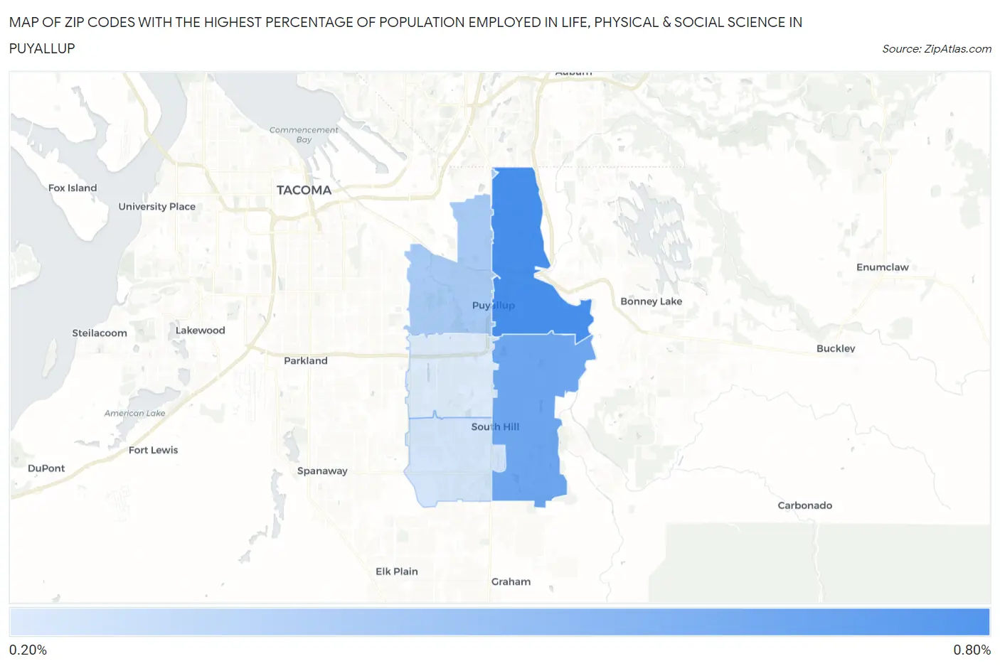 Zip Codes with the Highest Percentage of Population Employed in Life, Physical & Social Science in Puyallup Map