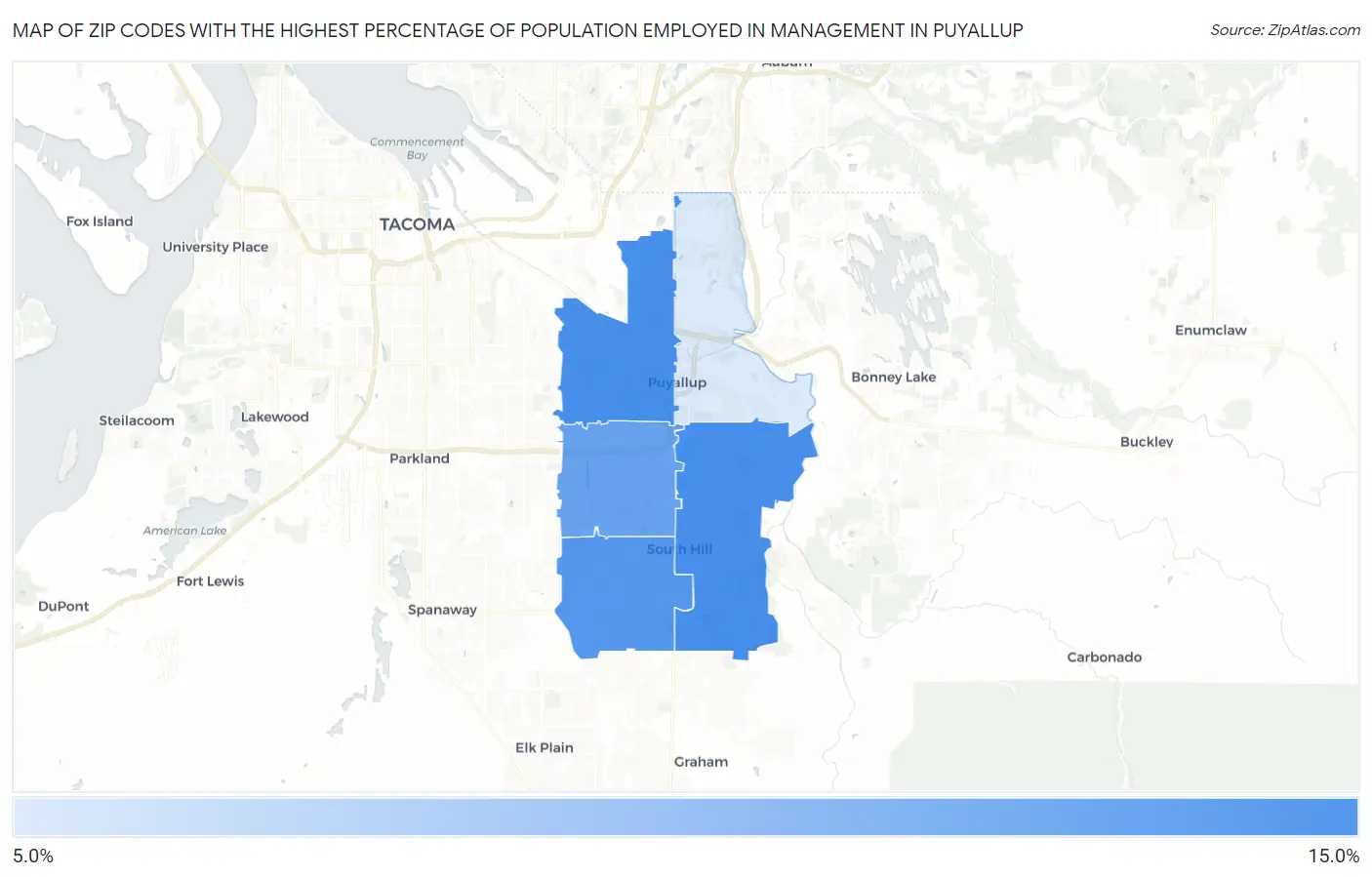 Zip Codes with the Highest Percentage of Population Employed in Management in Puyallup Map