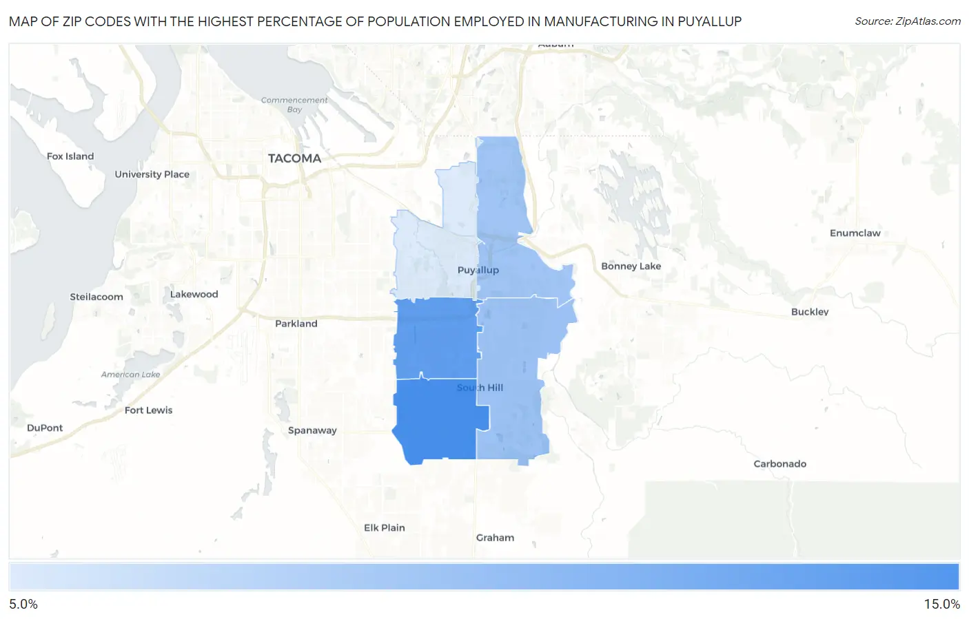 Zip Codes with the Highest Percentage of Population Employed in Manufacturing in Puyallup Map