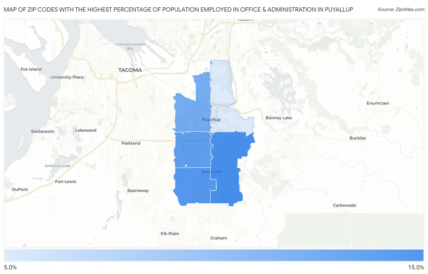Zip Codes with the Highest Percentage of Population Employed in Office & Administration in Puyallup Map