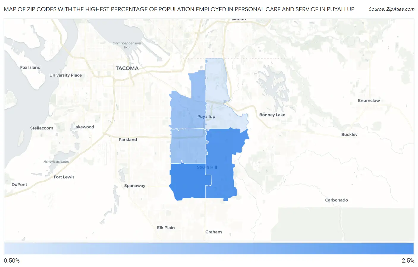 Zip Codes with the Highest Percentage of Population Employed in Personal Care and Service in Puyallup Map