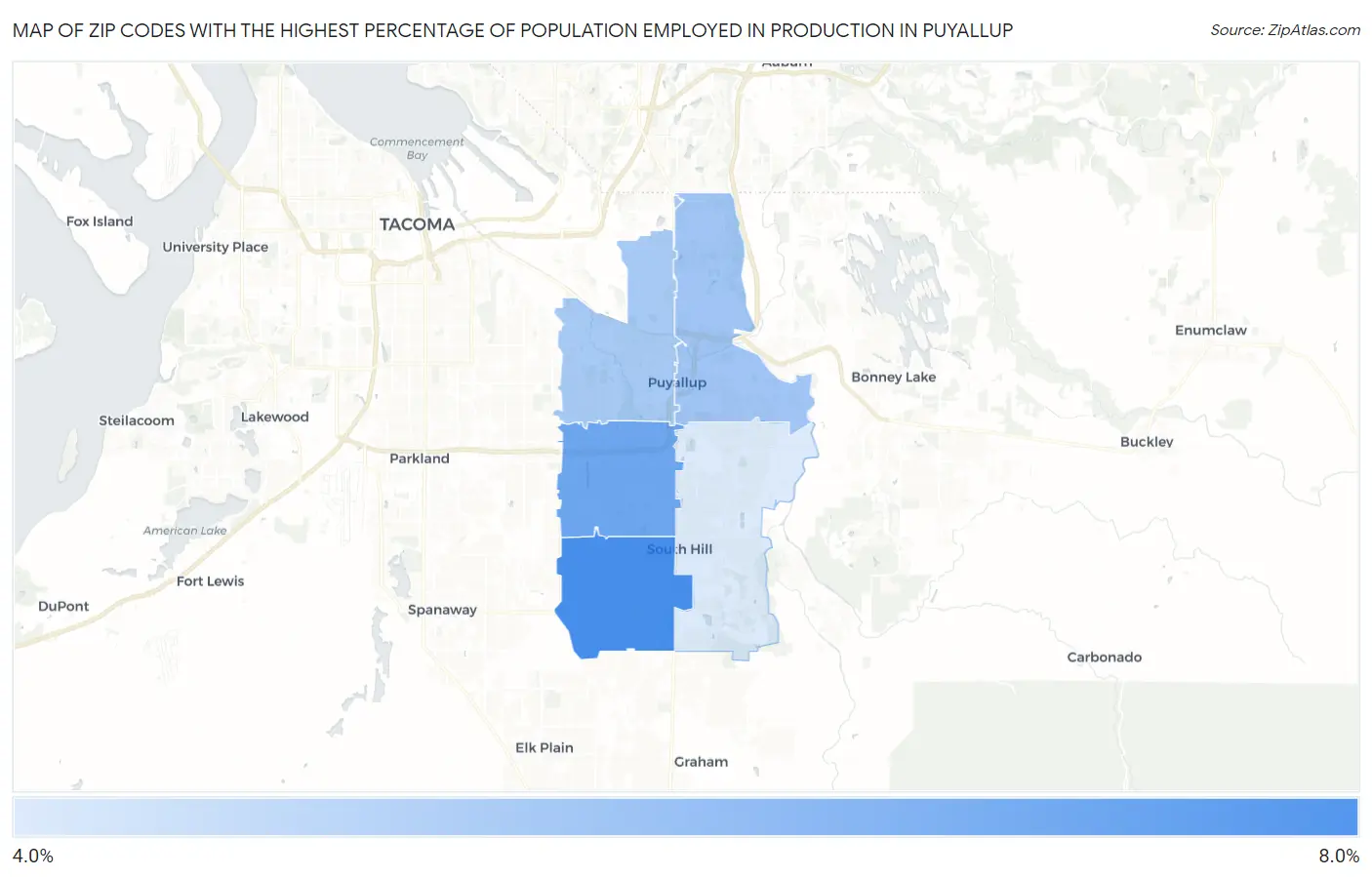 Zip Codes with the Highest Percentage of Population Employed in Production in Puyallup Map