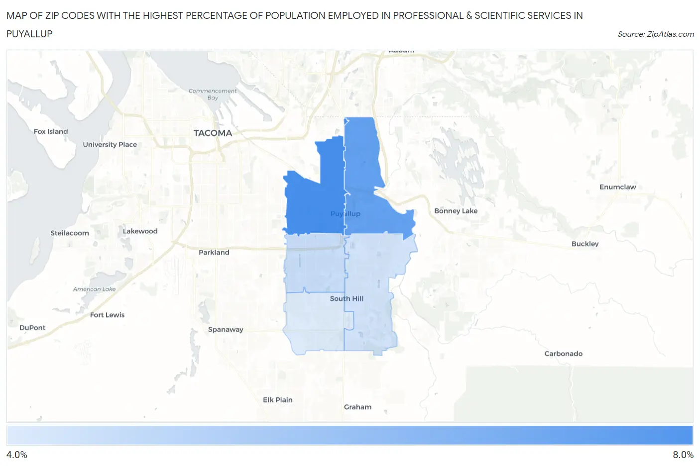 Zip Codes with the Highest Percentage of Population Employed in Professional & Scientific Services in Puyallup Map