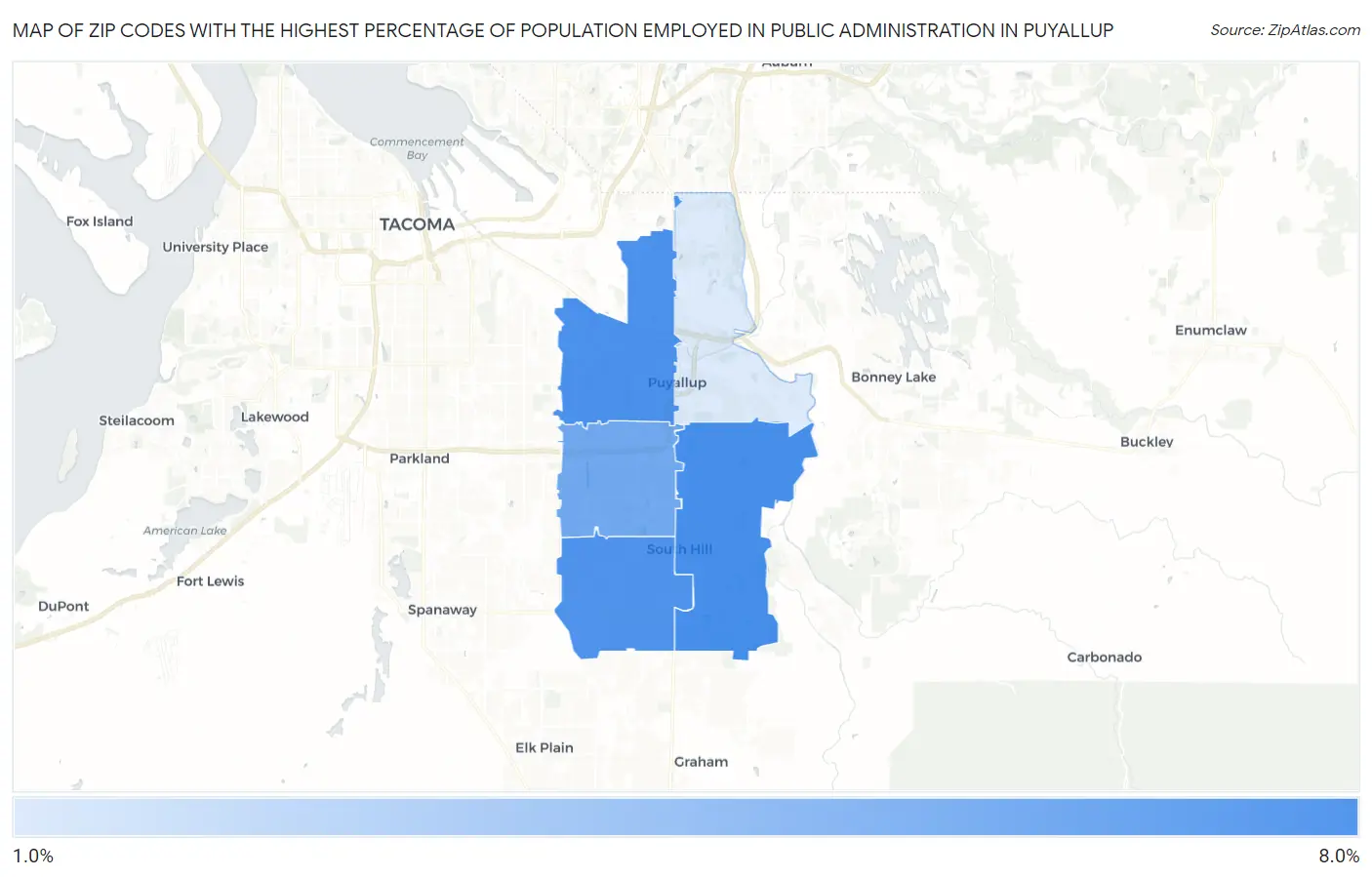 Zip Codes with the Highest Percentage of Population Employed in Public Administration in Puyallup Map