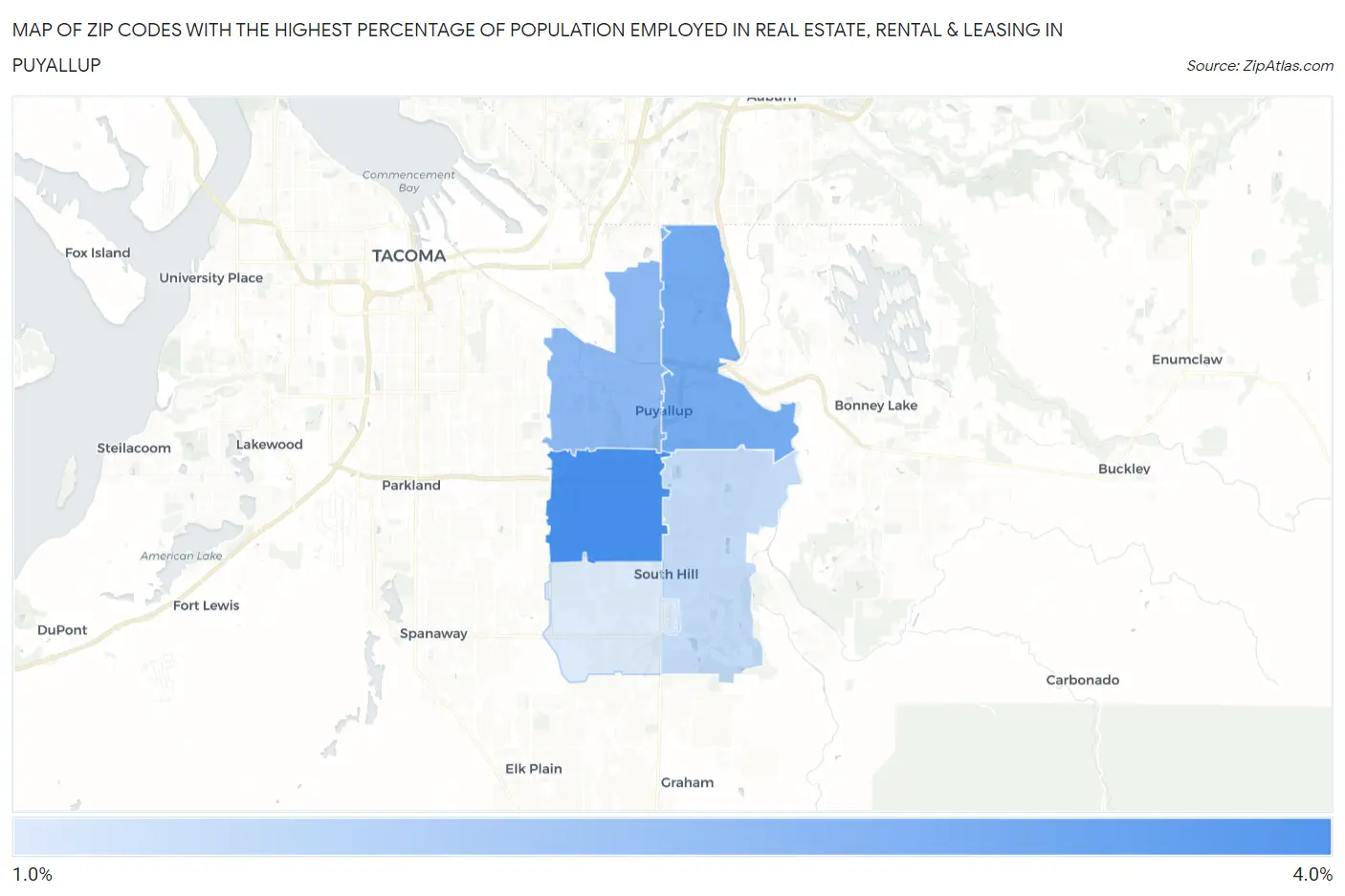 Zip Codes with the Highest Percentage of Population Employed in Real Estate, Rental & Leasing in Puyallup Map