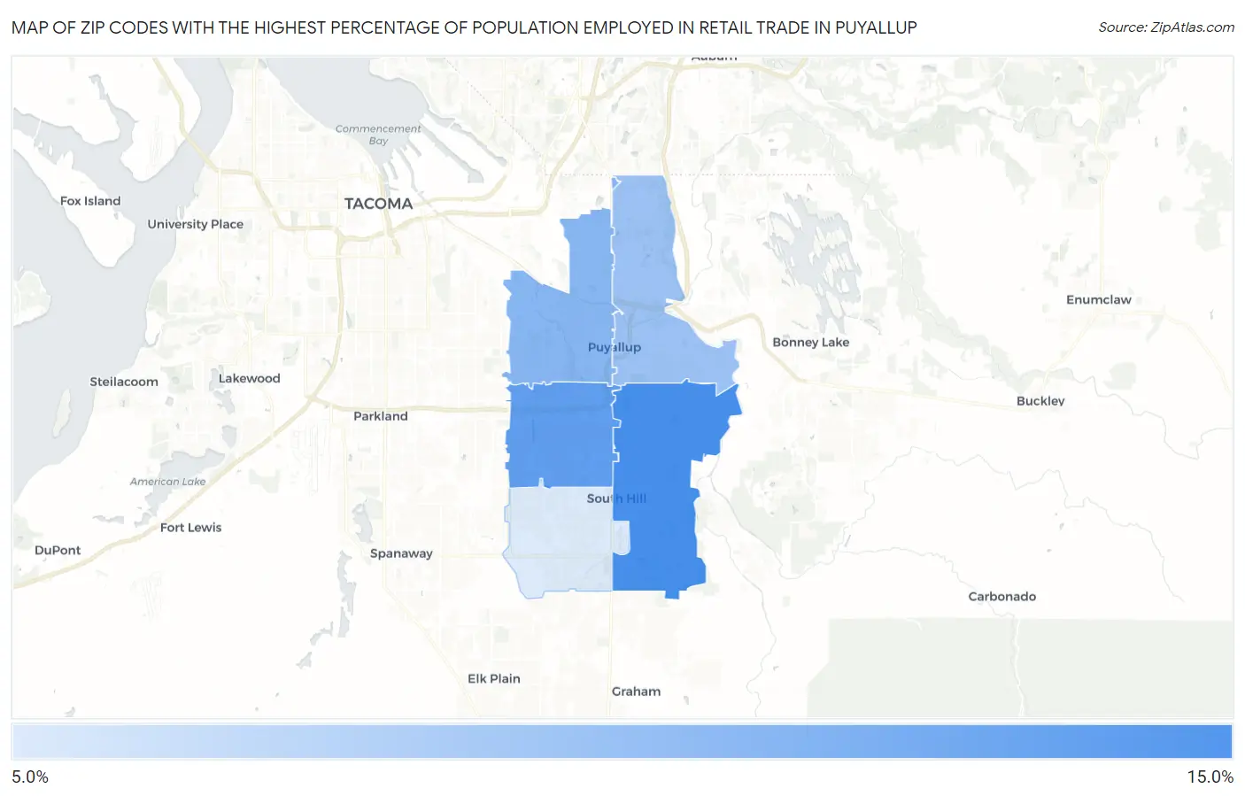 Zip Codes with the Highest Percentage of Population Employed in Retail Trade in Puyallup Map