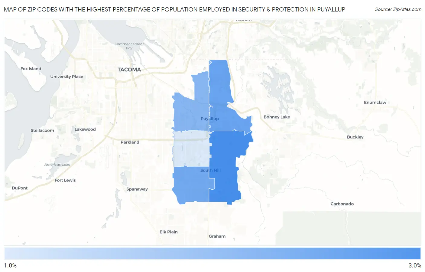 Zip Codes with the Highest Percentage of Population Employed in Security & Protection in Puyallup Map