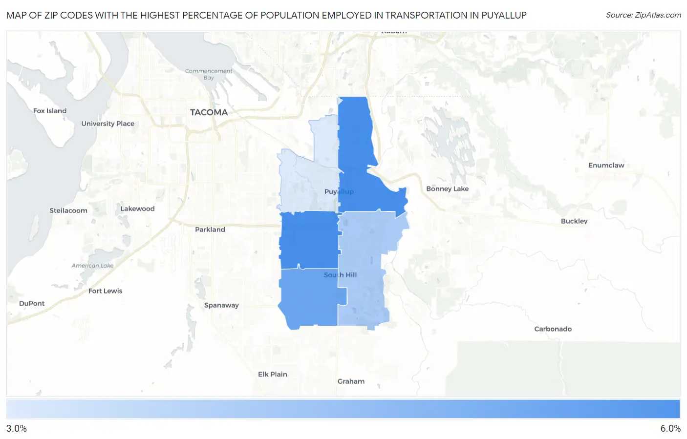 Zip Codes with the Highest Percentage of Population Employed in Transportation in Puyallup Map